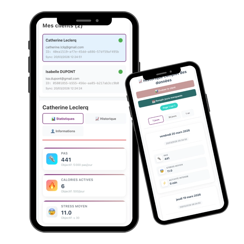 Deux téléphones mobiles affichant des informations de suivi de santé et de bien-être pour des clients
